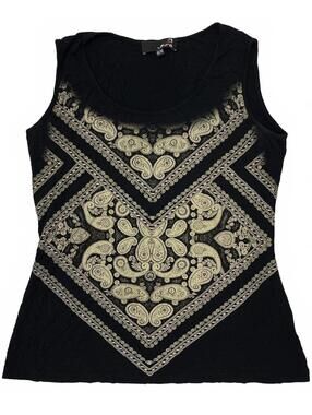 Vintage Laura Canada Made Black Tank Top With Tan Paisley Print Sz M Boho Earthy